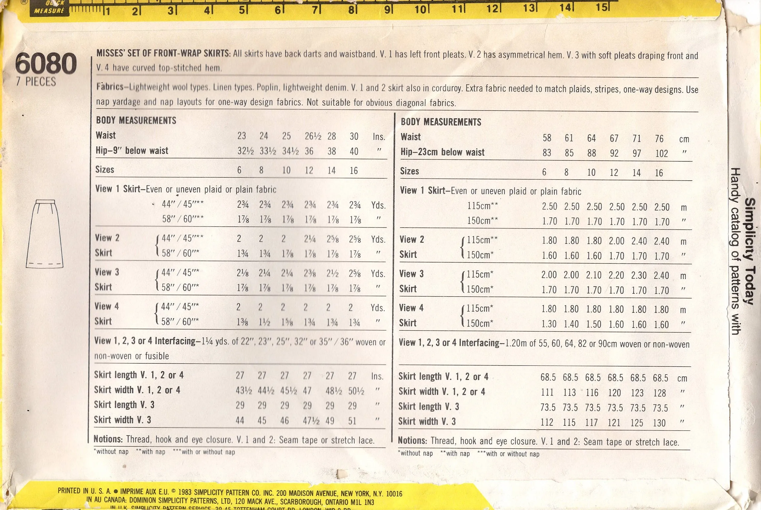 1980's Simplicity Set of Front Wrap Skirts Pattern - Waist 28" - No. 6080