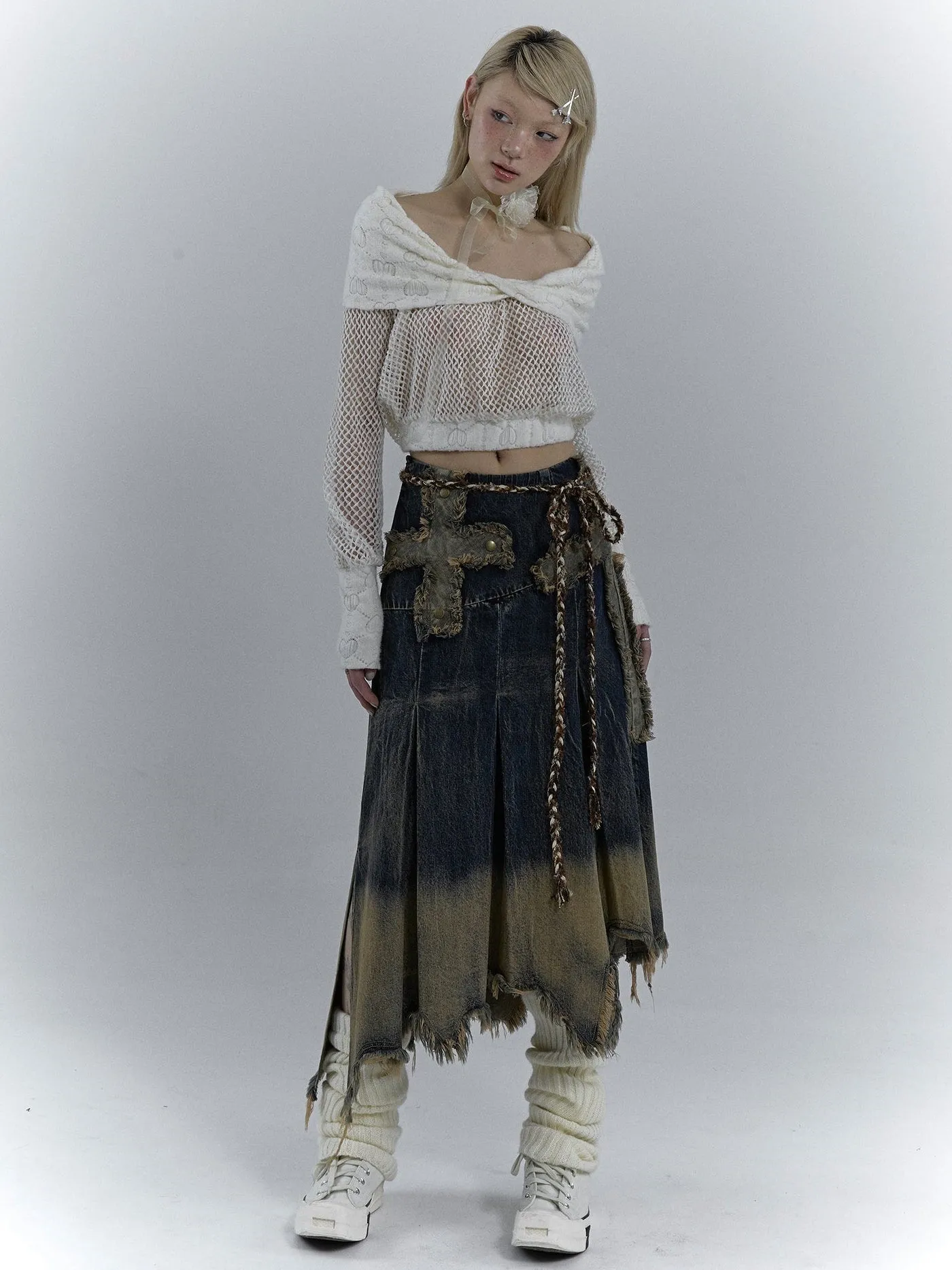 2way Heavy Industry Raw Edge A-line Denim Skirt