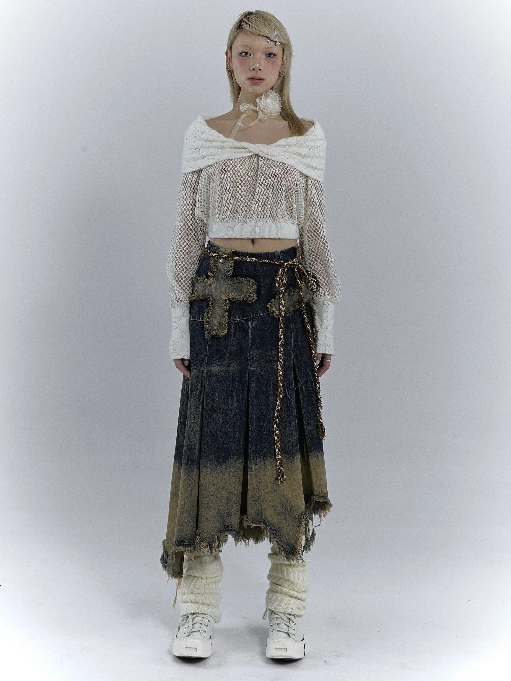 2way Heavy Industry Raw Edge A-line Denim Skirt