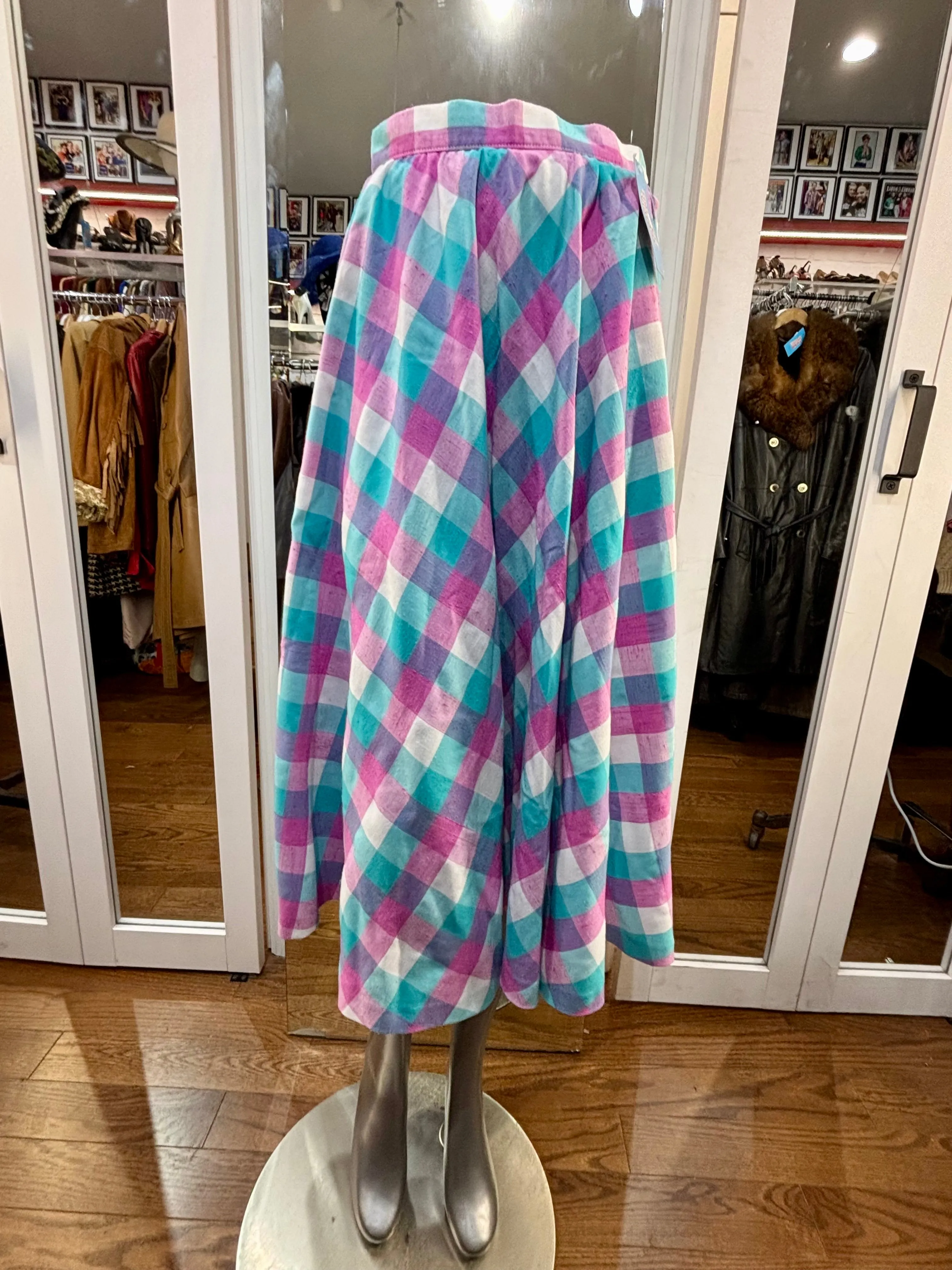 70’s Pink and Aqua Blue Tartan Print Full Skirt