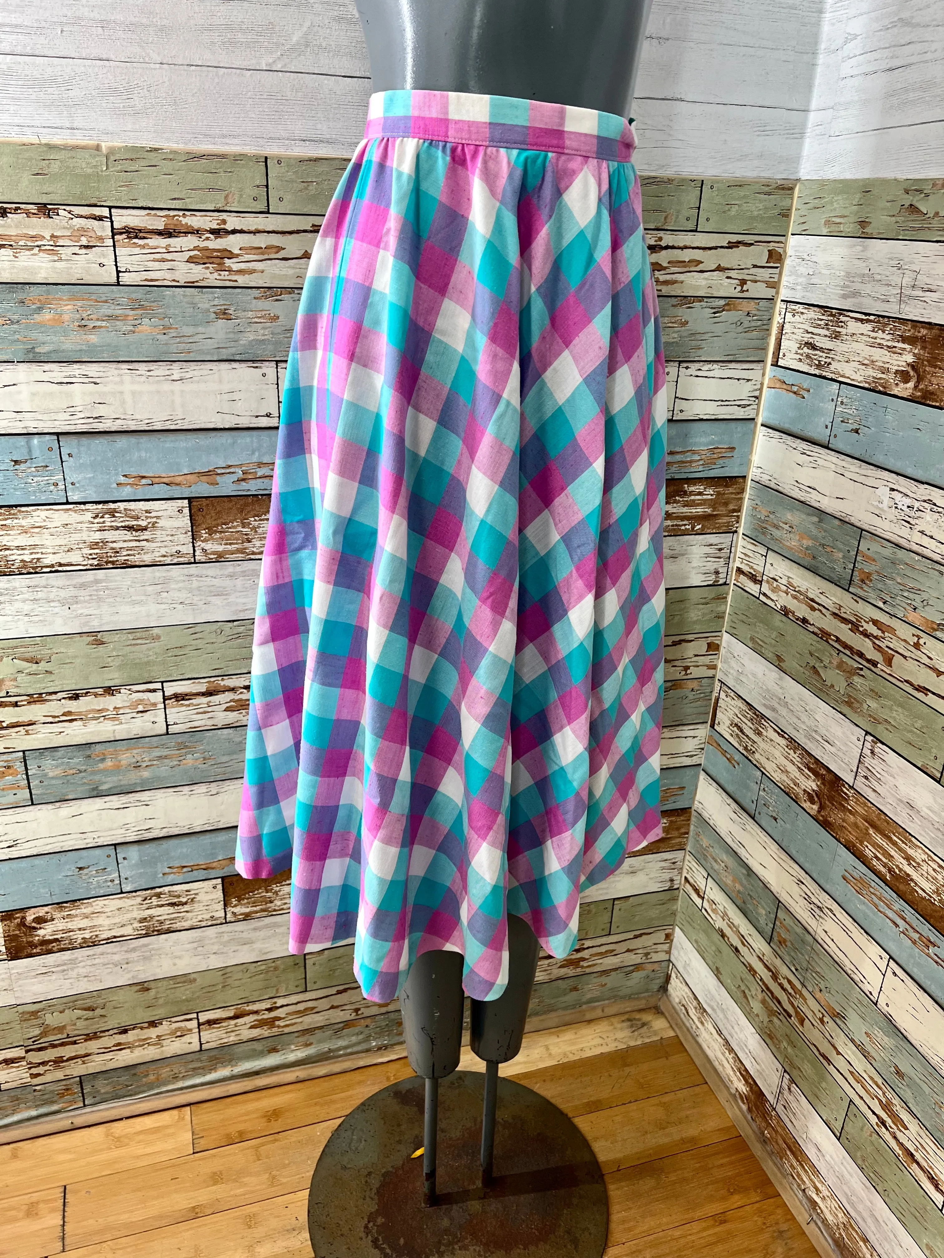 70’s Pink and Aqua Blue Tartan Print Full Skirt