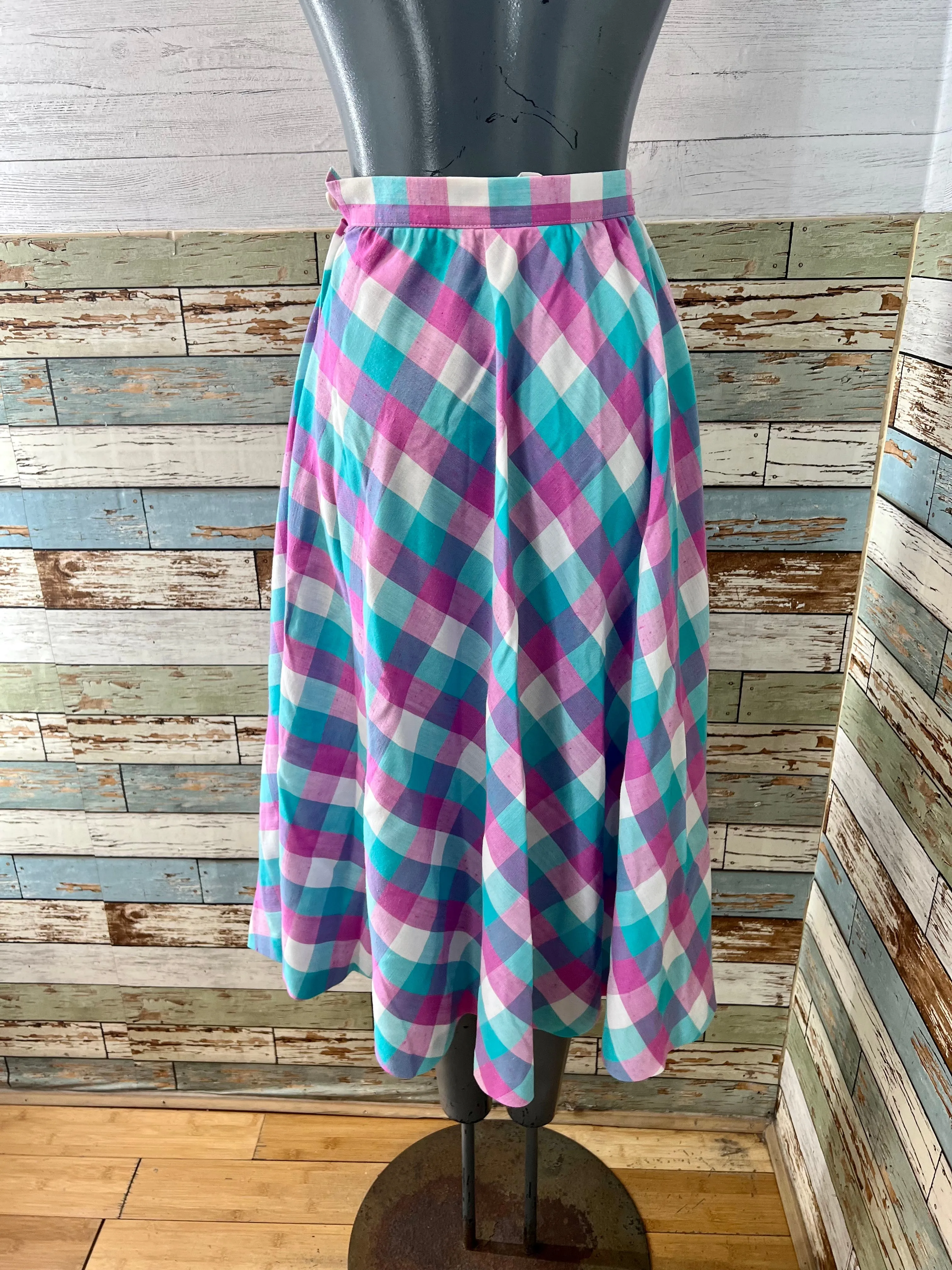 70’s Pink and Aqua Blue Tartan Print Full Skirt