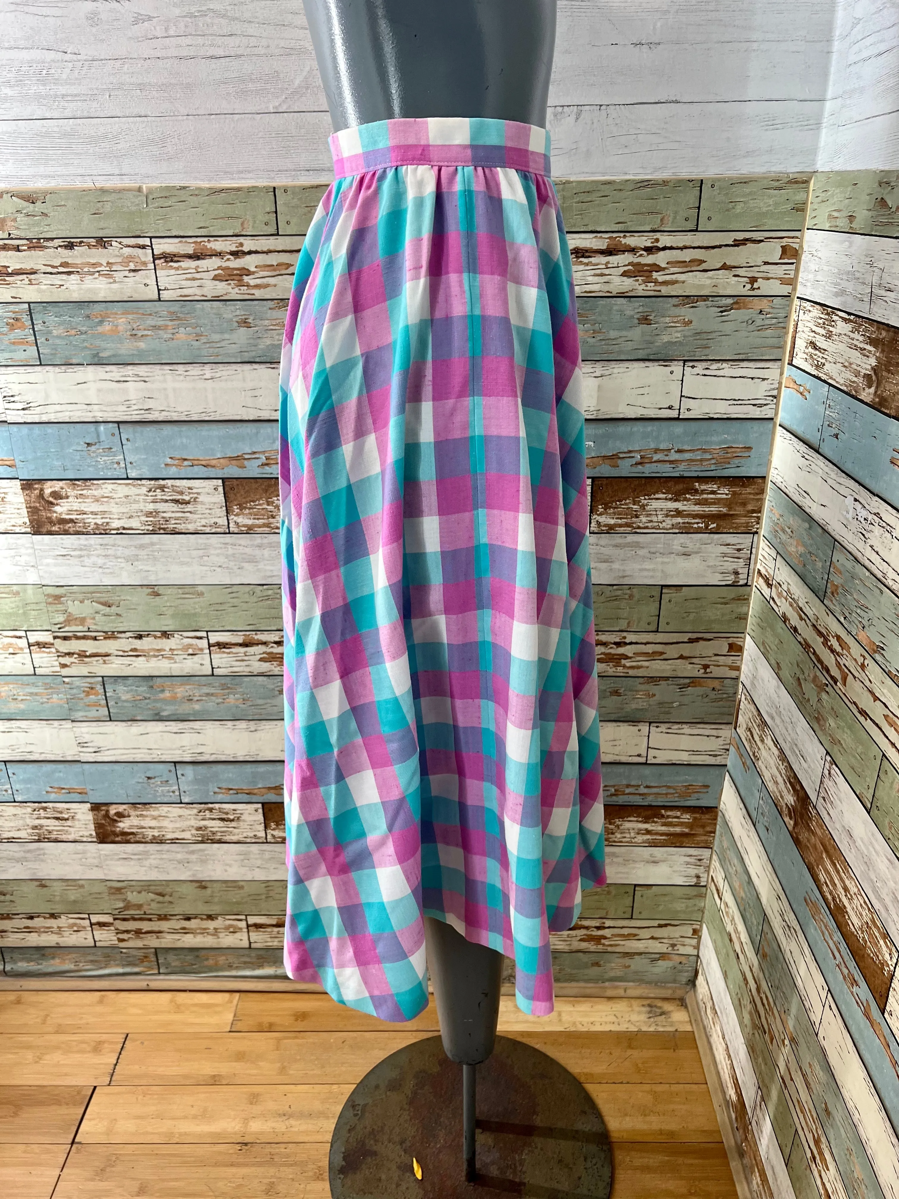 70’s Pink and Aqua Blue Tartan Print Full Skirt