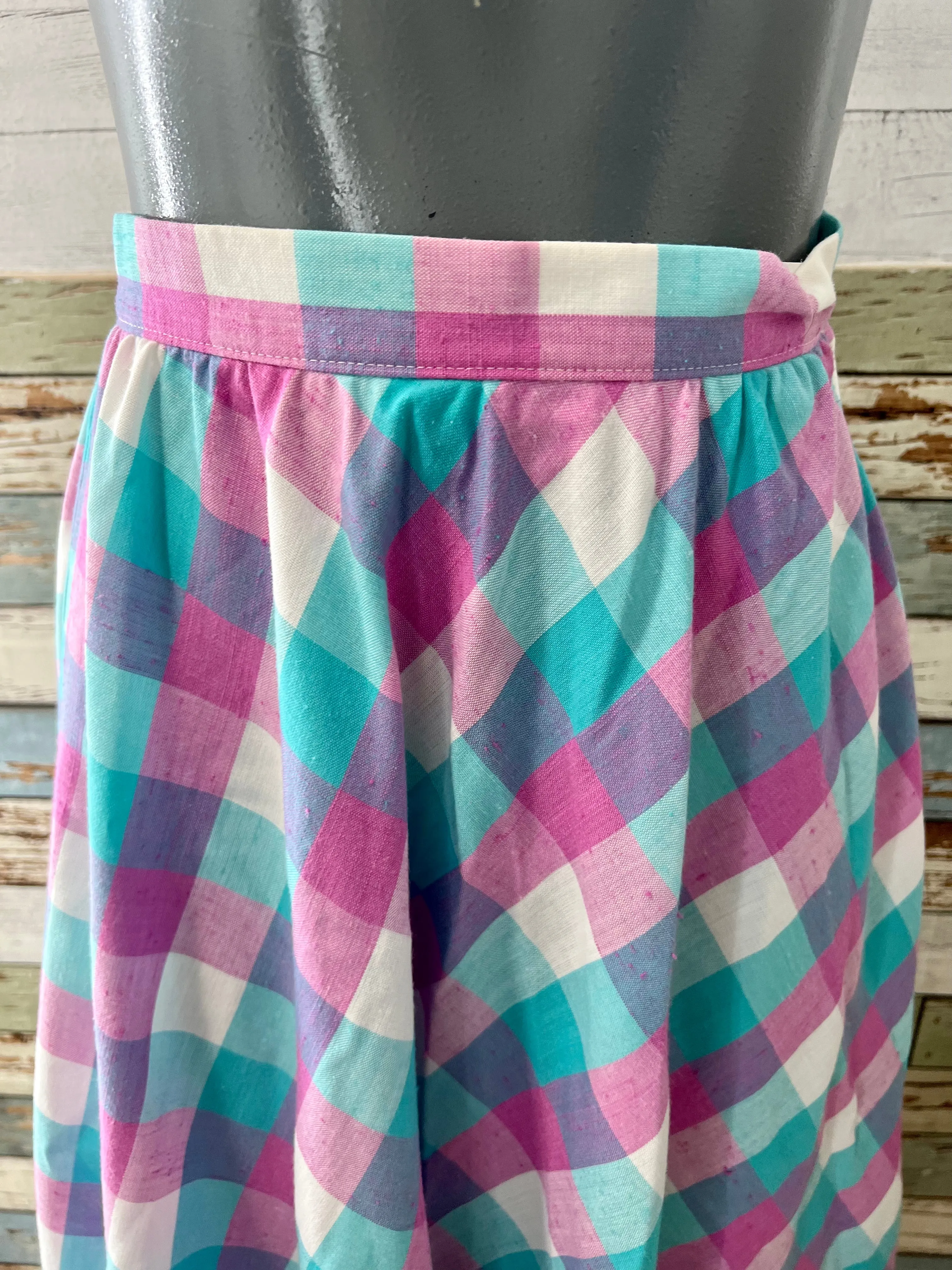 70’s Pink and Aqua Blue Tartan Print Full Skirt