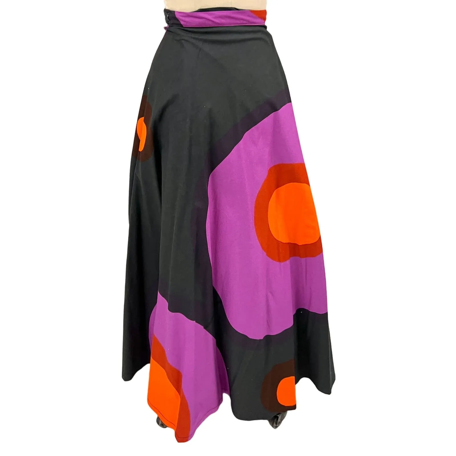 70s VTG Retro Finnish Design Black Purple Orange Tampella  Circle Wrap Skirt  O/S