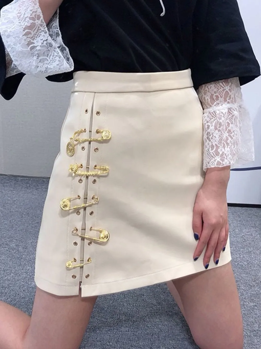 Asymmetrical Pins Leather Skirt