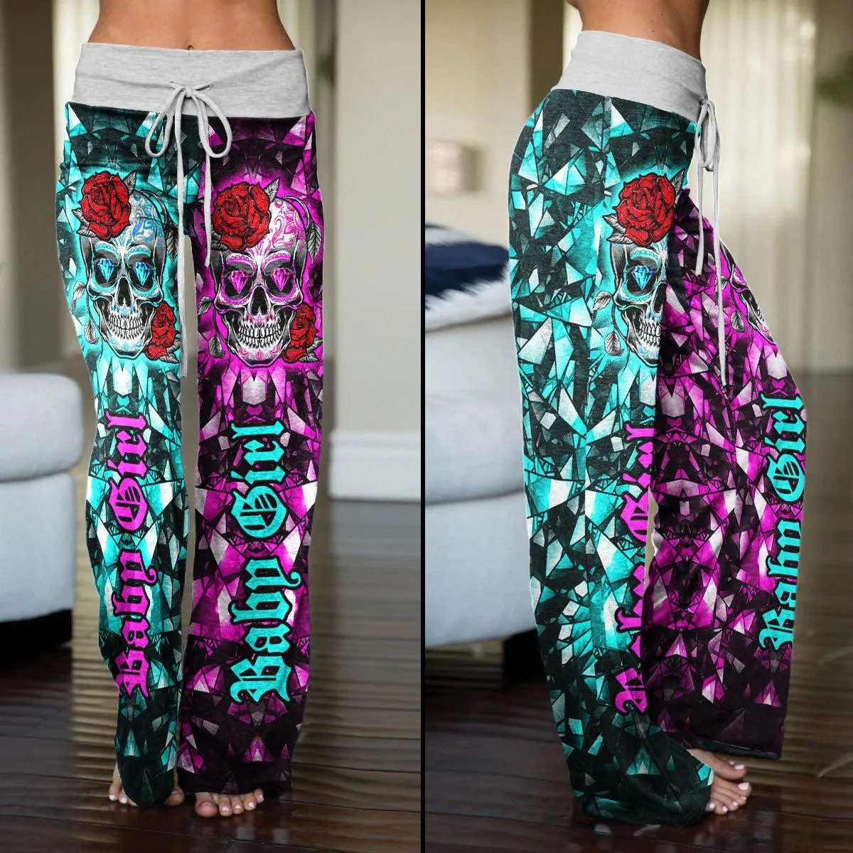 Baby Girl Half Cyan Pink High-waisted Wide Leg Pants