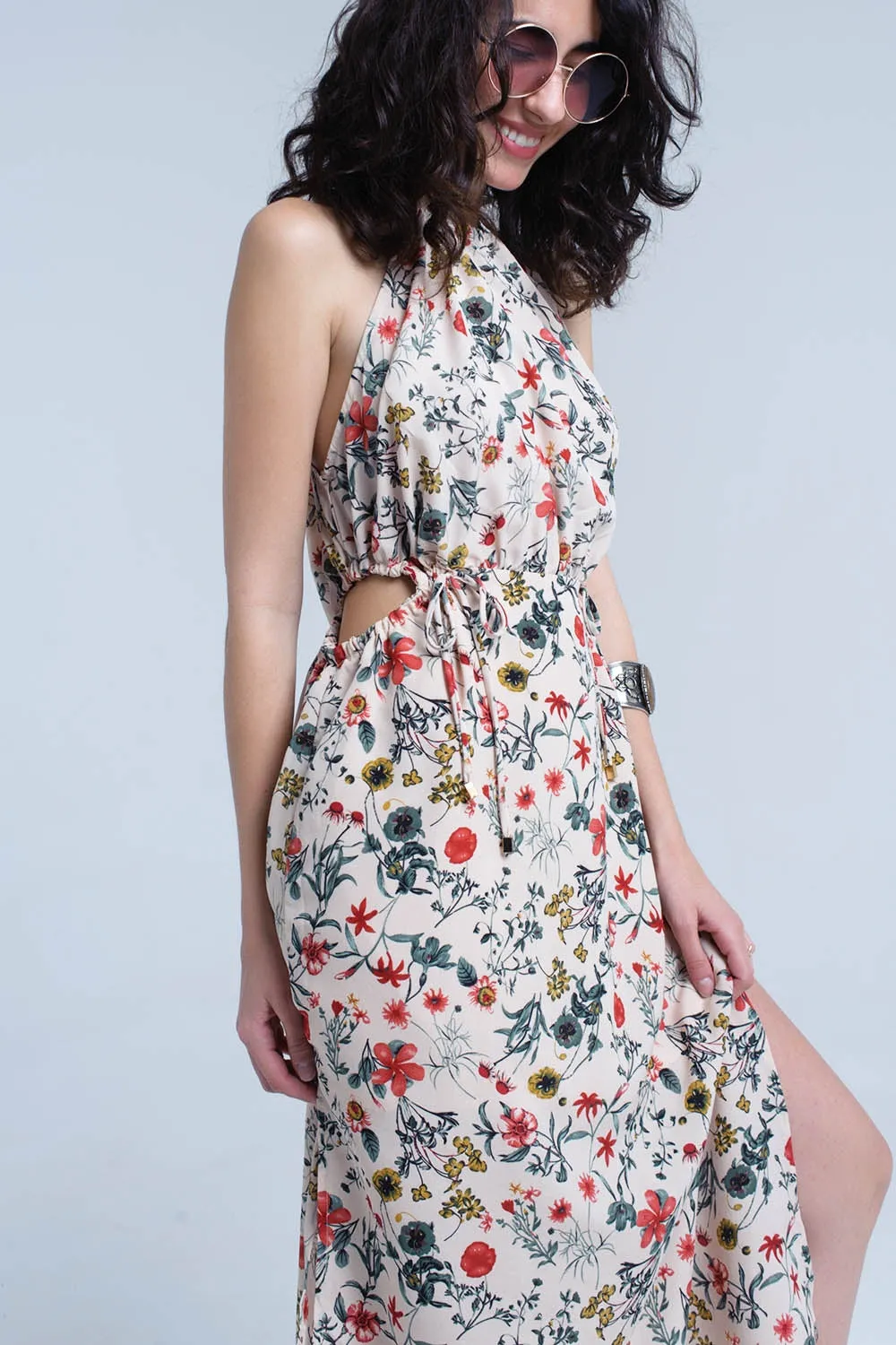 Beige floral high neck cut out midi dress