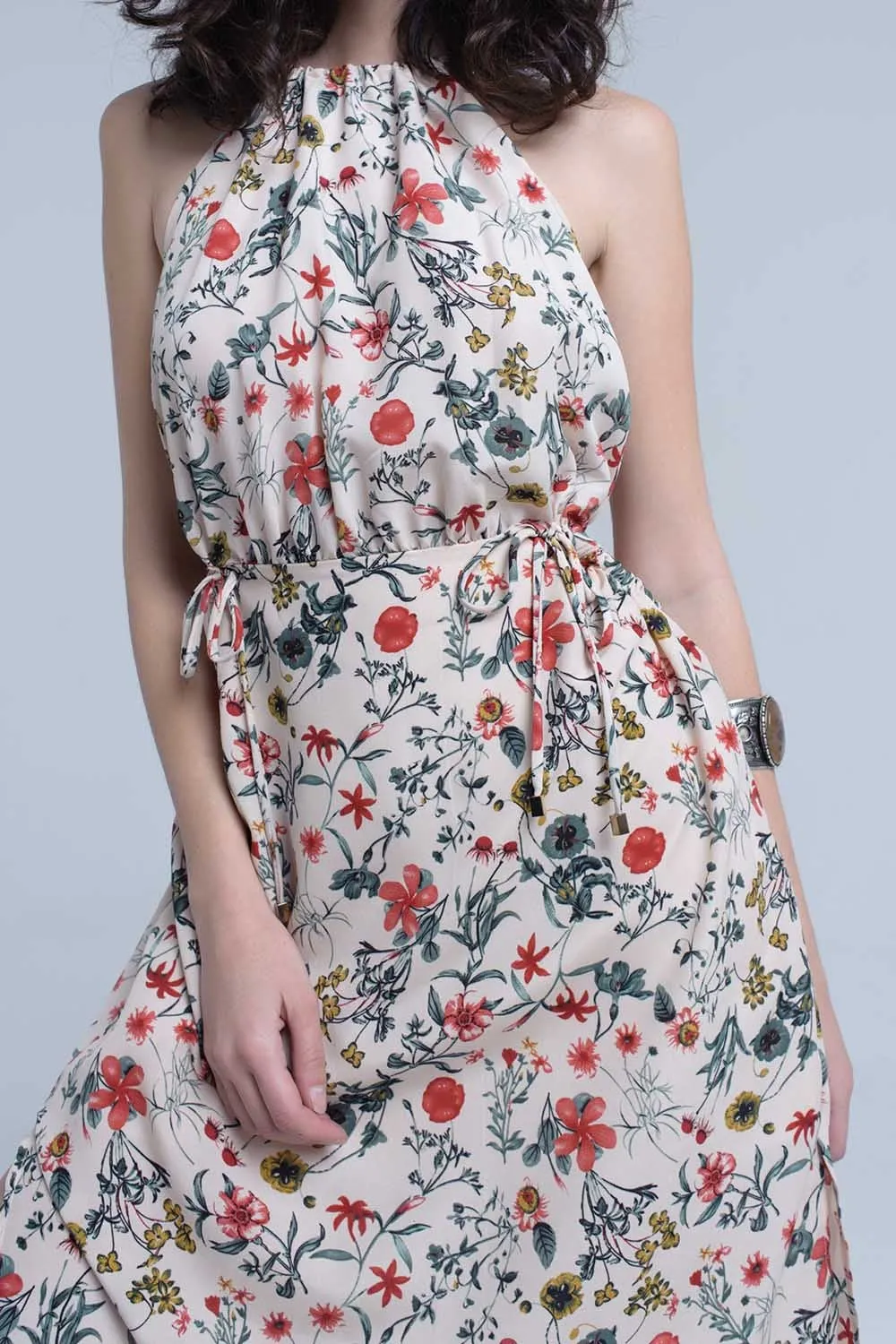 Beige floral high neck cut out midi dress