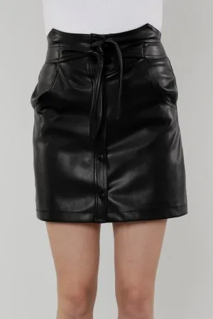 Black Faux Leather Skirt with Front Tie Belt