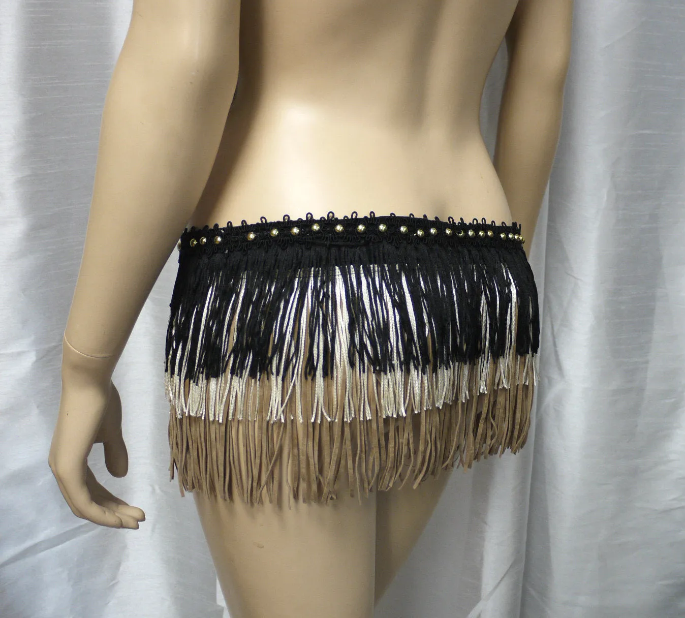 Black Gold and Cream Native Fringe Bra and Skirt