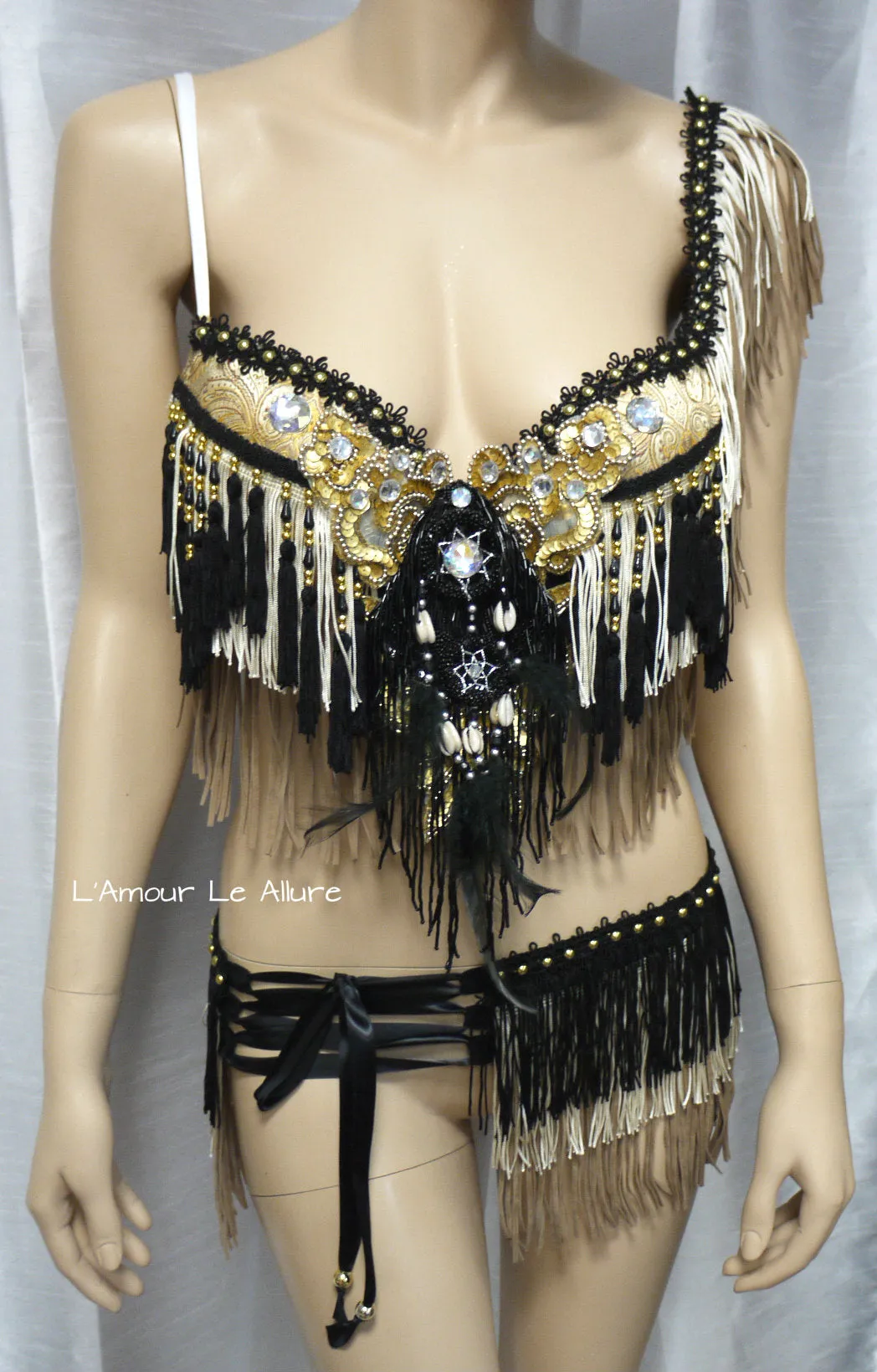 Black Gold and Cream Native Fringe Bra and Skirt