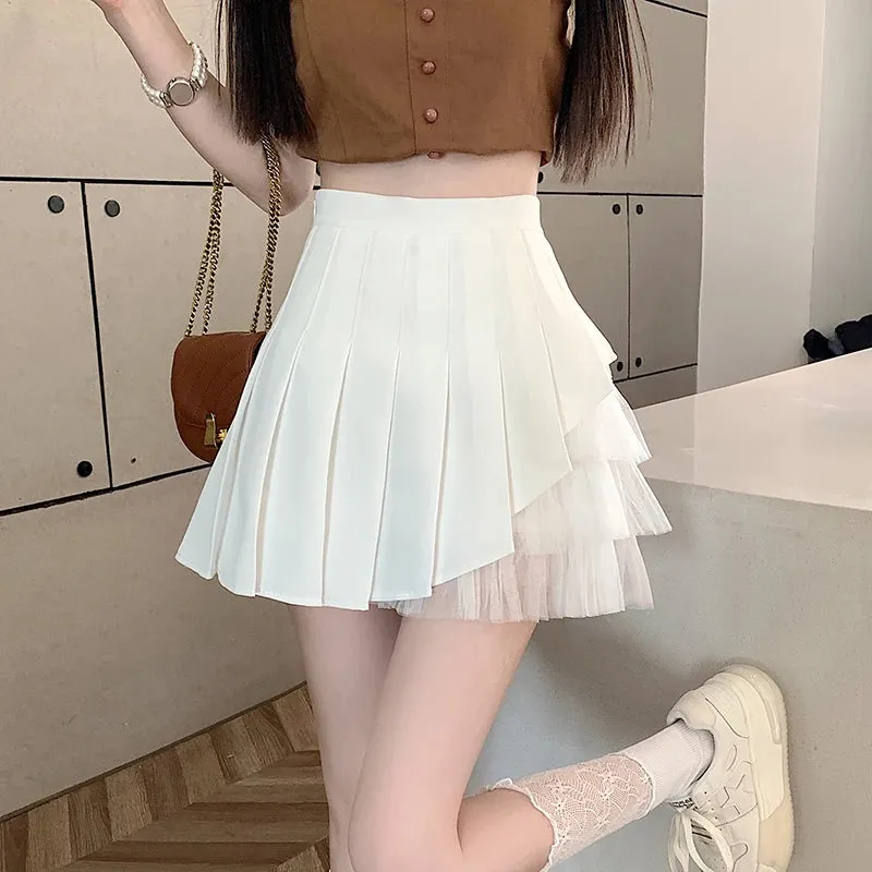 Black Mesh Chic A-line Women's Skirts High Waist Solid Color Slim Korean Style Female Skirt White Summer Sweet Skirts