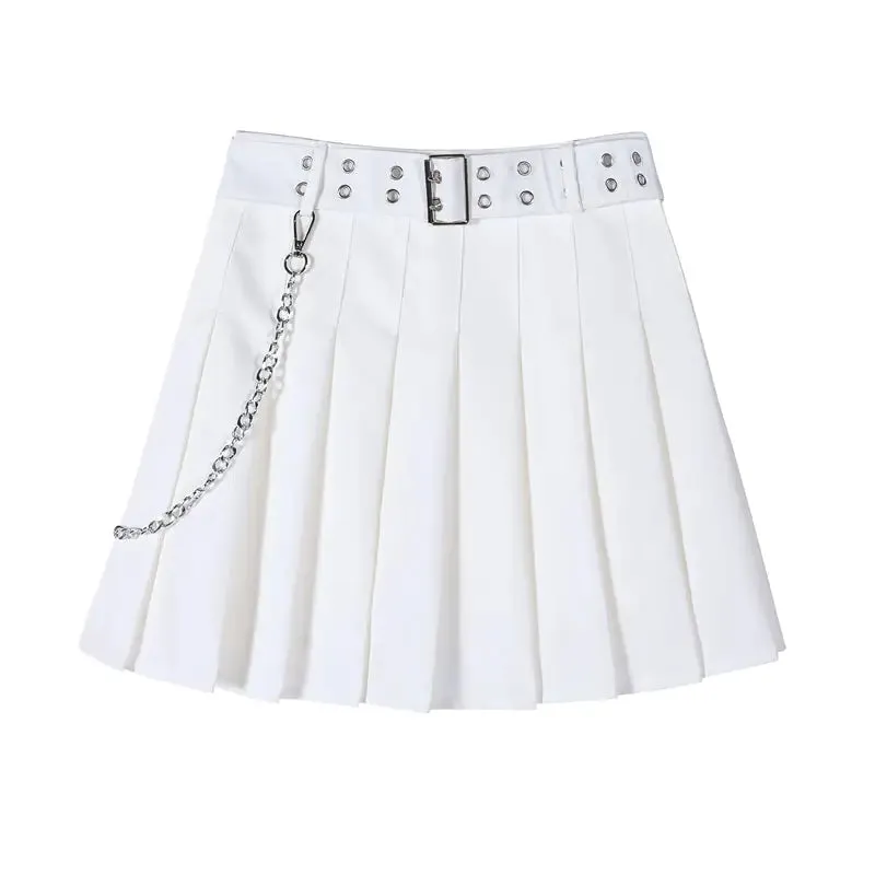 Black White Pleated A-Line Short Skirt With Belt Chain