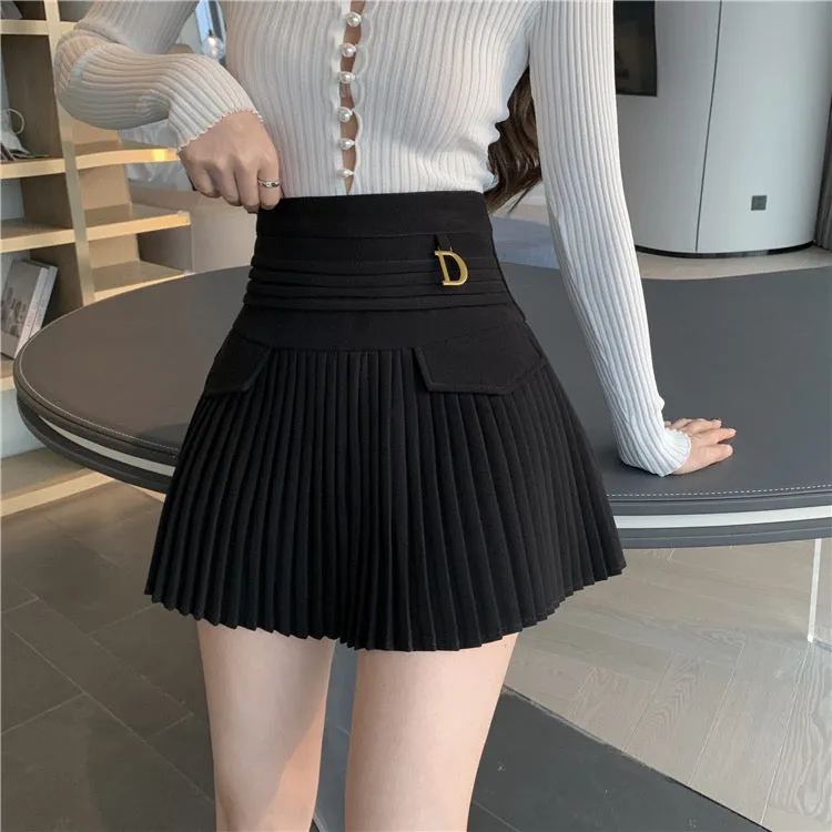 Black/white pleated skirt, summer, new style, high-waisted mini skirt  3655