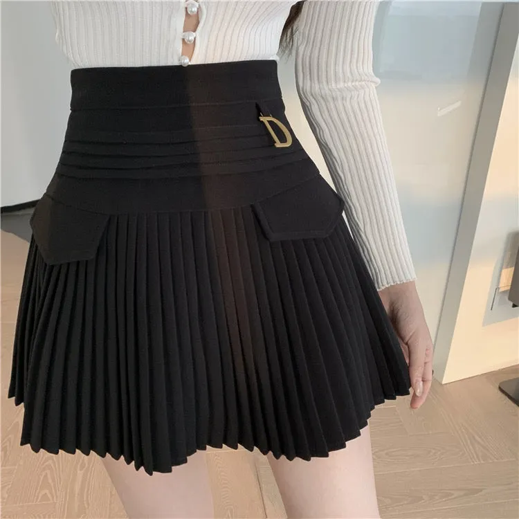 Black/white pleated skirt, summer, new style, high-waisted mini skirt  3655