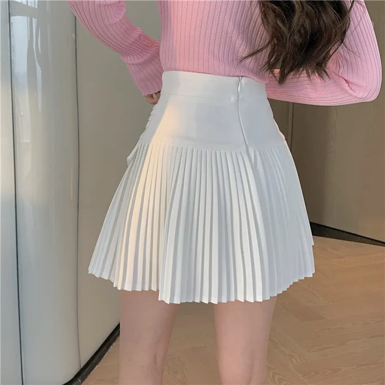 Black/white pleated skirt, summer, new style, high-waisted mini skirt  3655