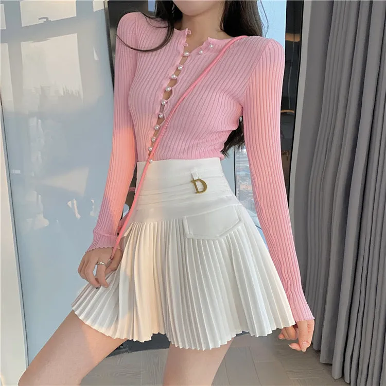 Black/white pleated skirt, summer, new style, high-waisted mini skirt  3655