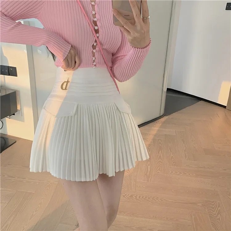 Black/white pleated skirt, summer, new style, high-waisted mini skirt  3655