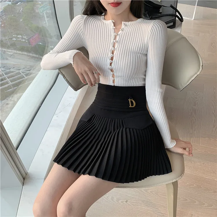 Black/white pleated skirt, summer, new style, high-waisted mini skirt  3655