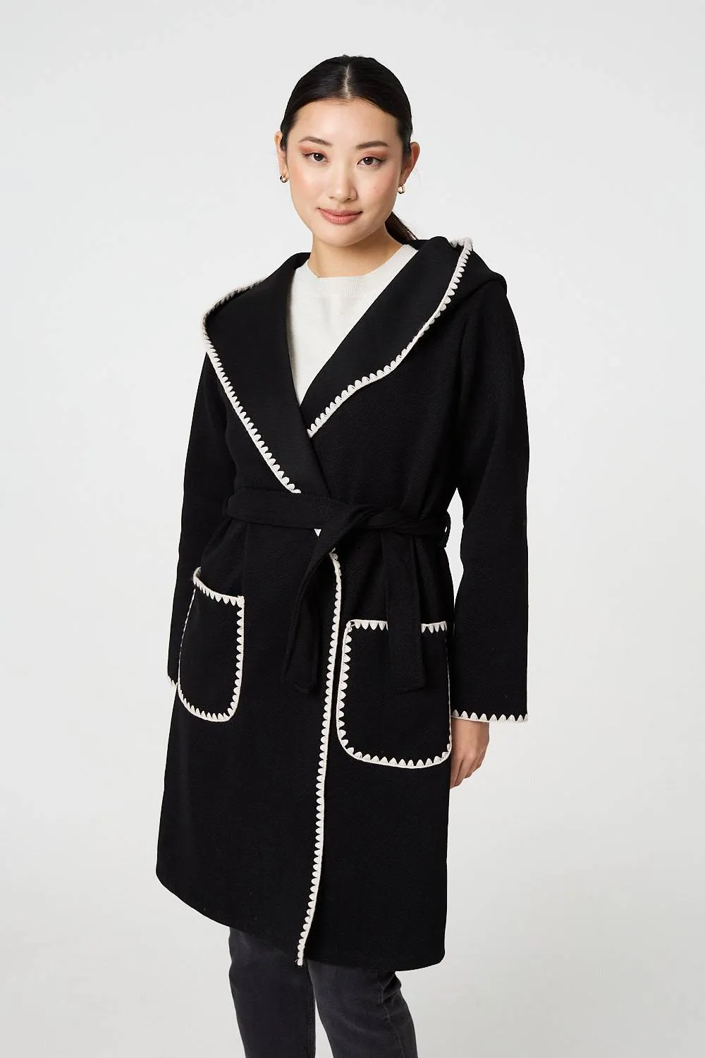 Blanket Stitch Tie Waist Longline Coat