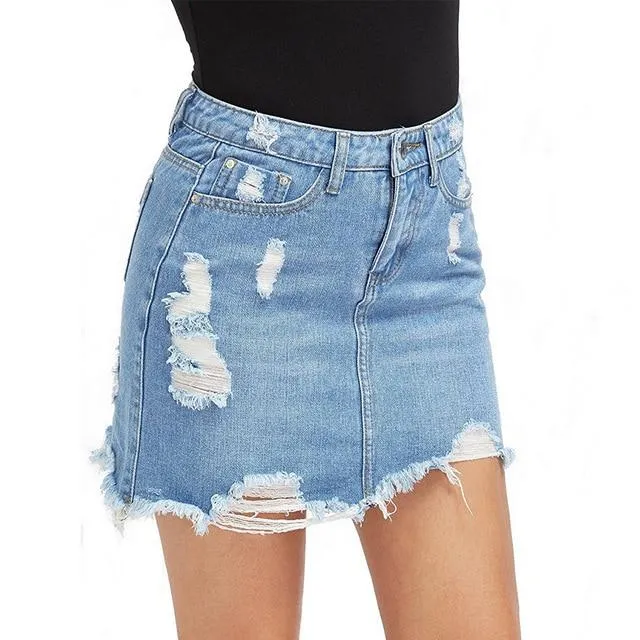 Blue Ripped Denim Mid Waist Skirt