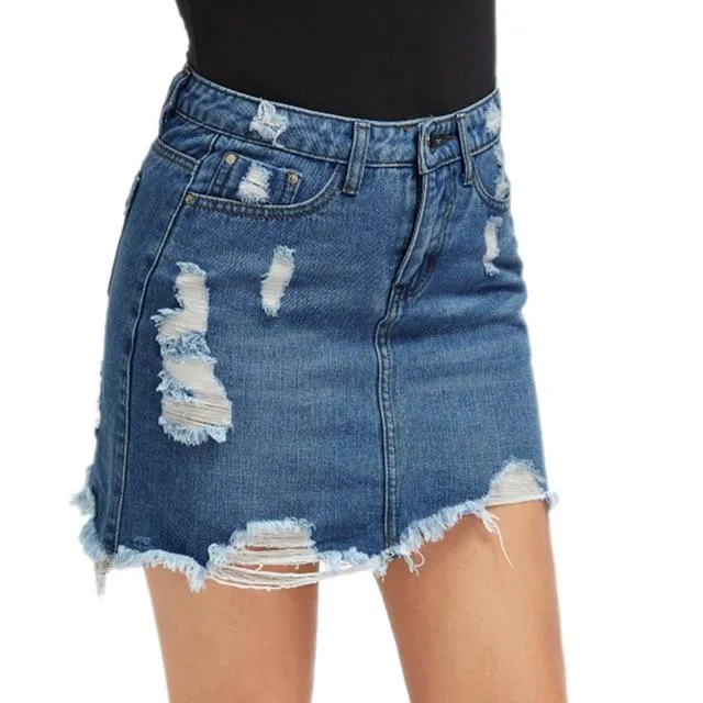 Blue Ripped Denim Mid Waist Skirt