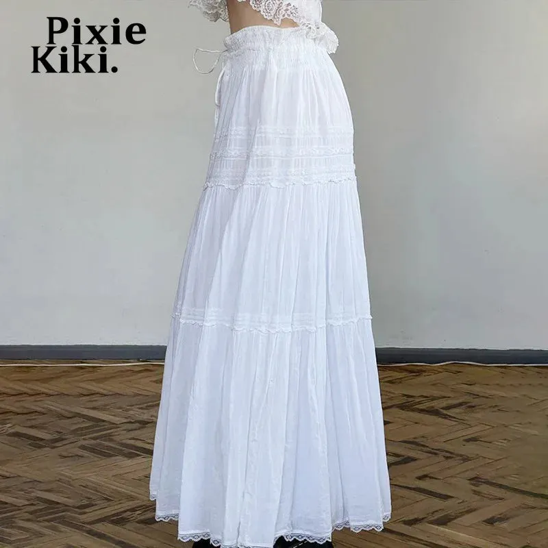 Bohemian Vacation White Skirts for Woman Drawstring Low Waist A-line Long Skirt Summer Clothes Women 2024 P77-EG15