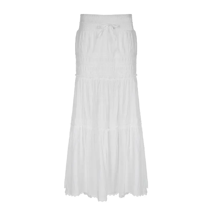 Bohemian Vacation White Skirts for Woman Drawstring Low Waist A-line Long Skirt Summer Clothes Women 2024 P77-EG15