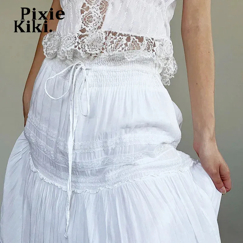 Bohemian Vacation White Skirts for Woman Drawstring Low Waist A-line Long Skirt Summer Clothes Women 2024 P77-EG15