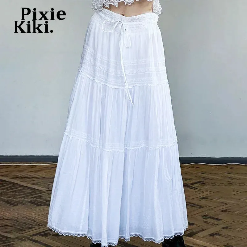 Bohemian Vacation White Skirts for Woman Drawstring Low Waist A-line Long Skirt Summer Clothes Women 2024 P77-EG15