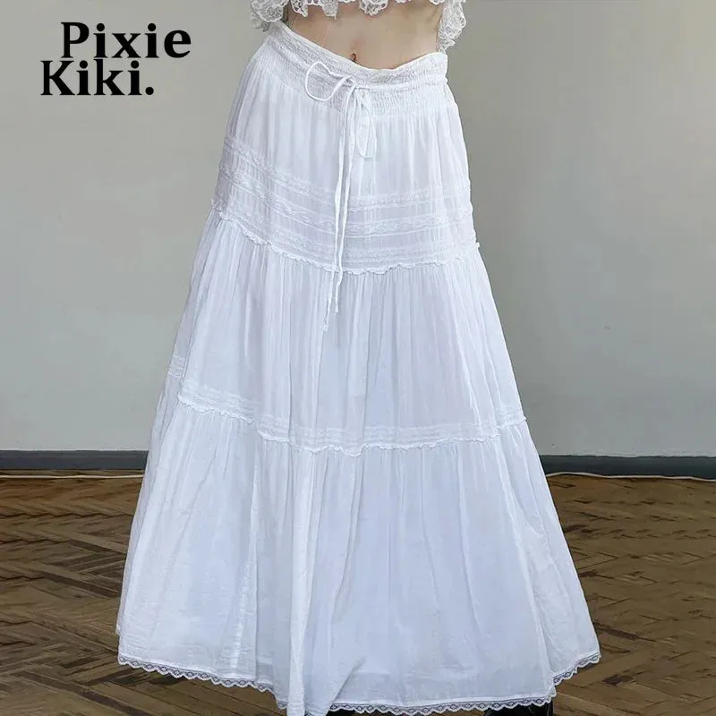 Bohemian Vacation White Skirts for Woman Drawstring Low Waist A-line Long Skirt Summer Clothes Women 2024 P77-EG15