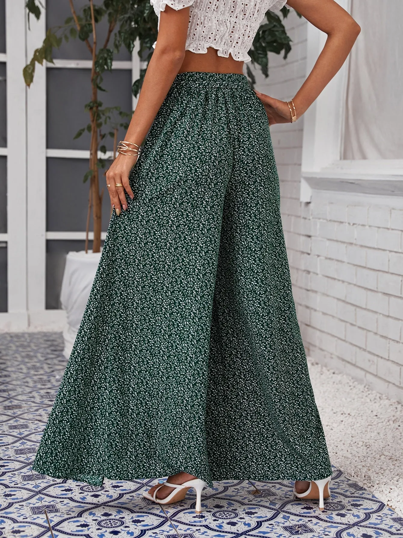 Boho All Over Print Belted High Waist Long Women Pants