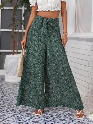 Boho All Over Print Belted High Waist Long Women Pants