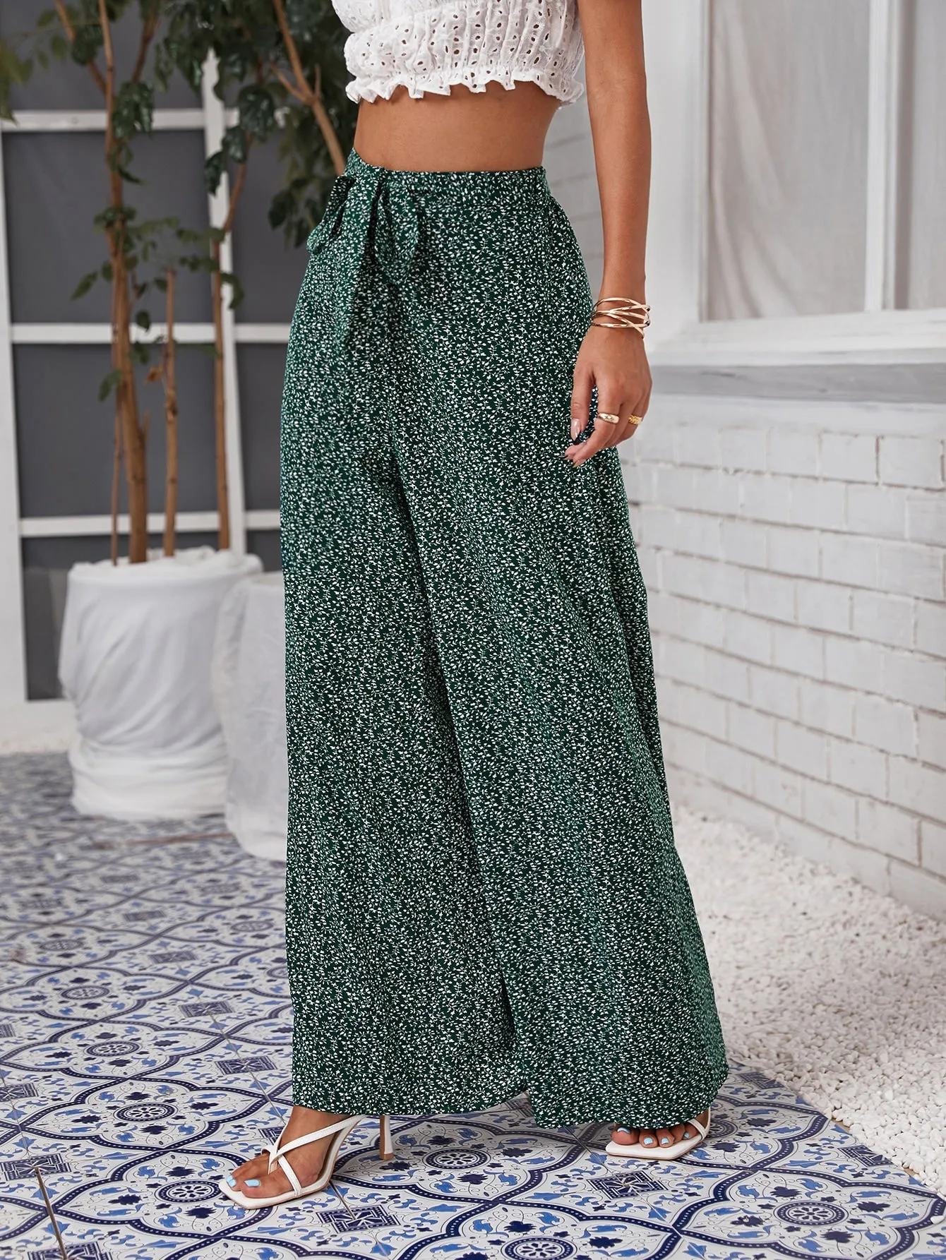 Boho All Over Print Belted High Waist Long Women Pants