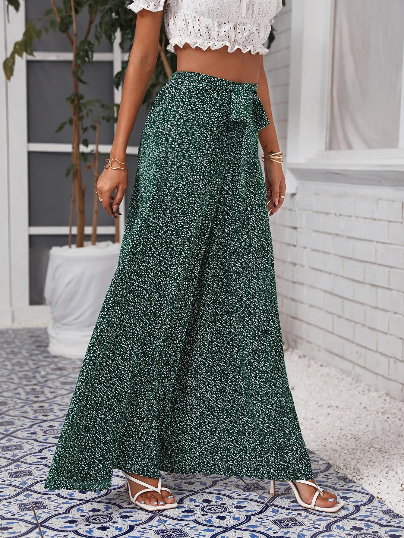 Boho All Over Print Belted High Waist Long Women Pants