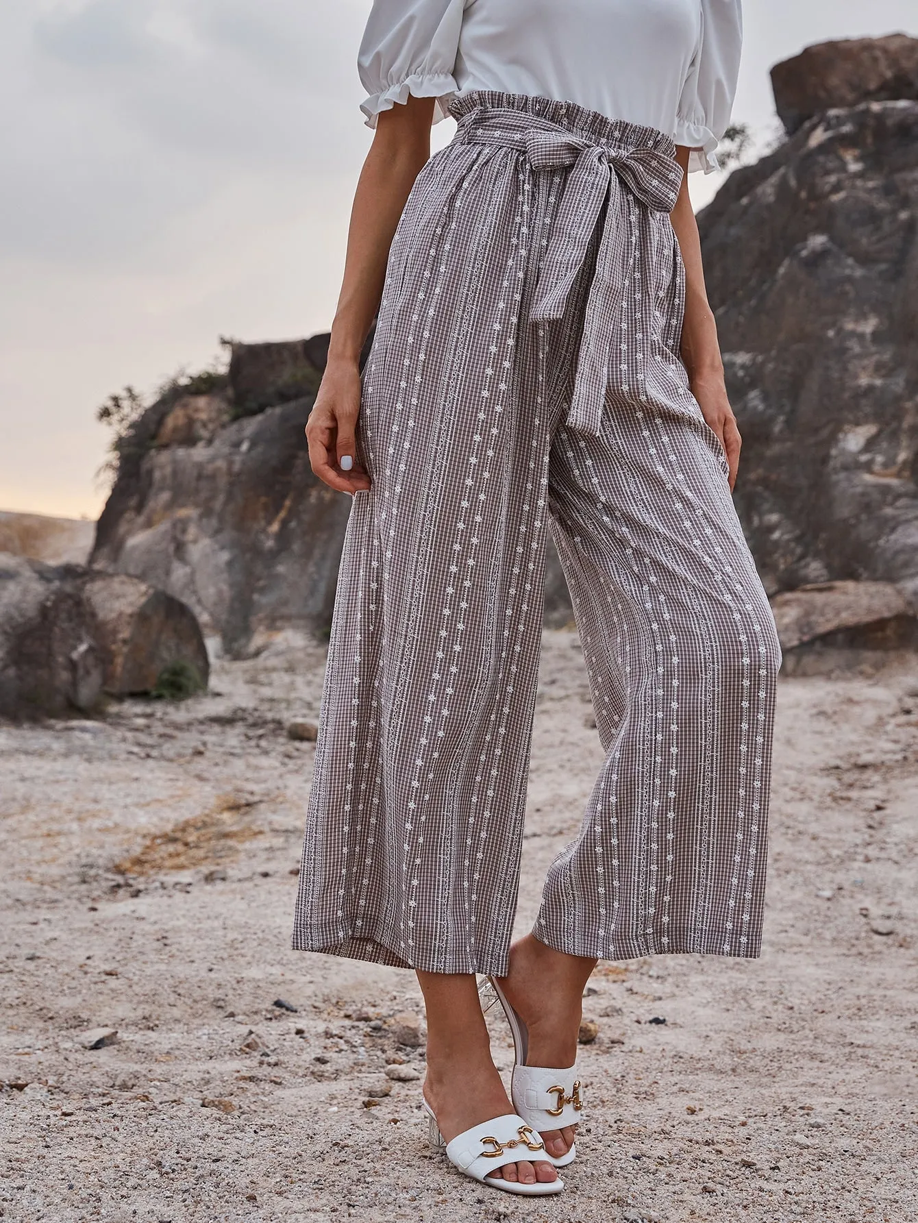 Boho Floral Paper Bag Waist Natural Long Women Pants