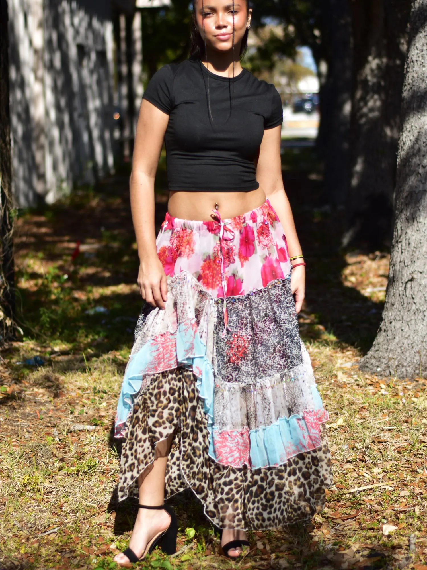 Boho Gypsy Ruffled Shimmering Sequened Embroidery Tiered Long Skirt Assorted