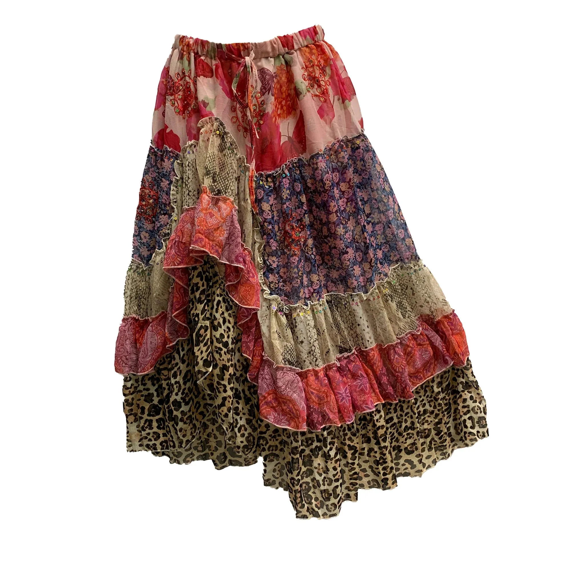 Boho Gypsy Ruffled Shimmering Sequened Embroidery Tiered Long Skirt Assorted