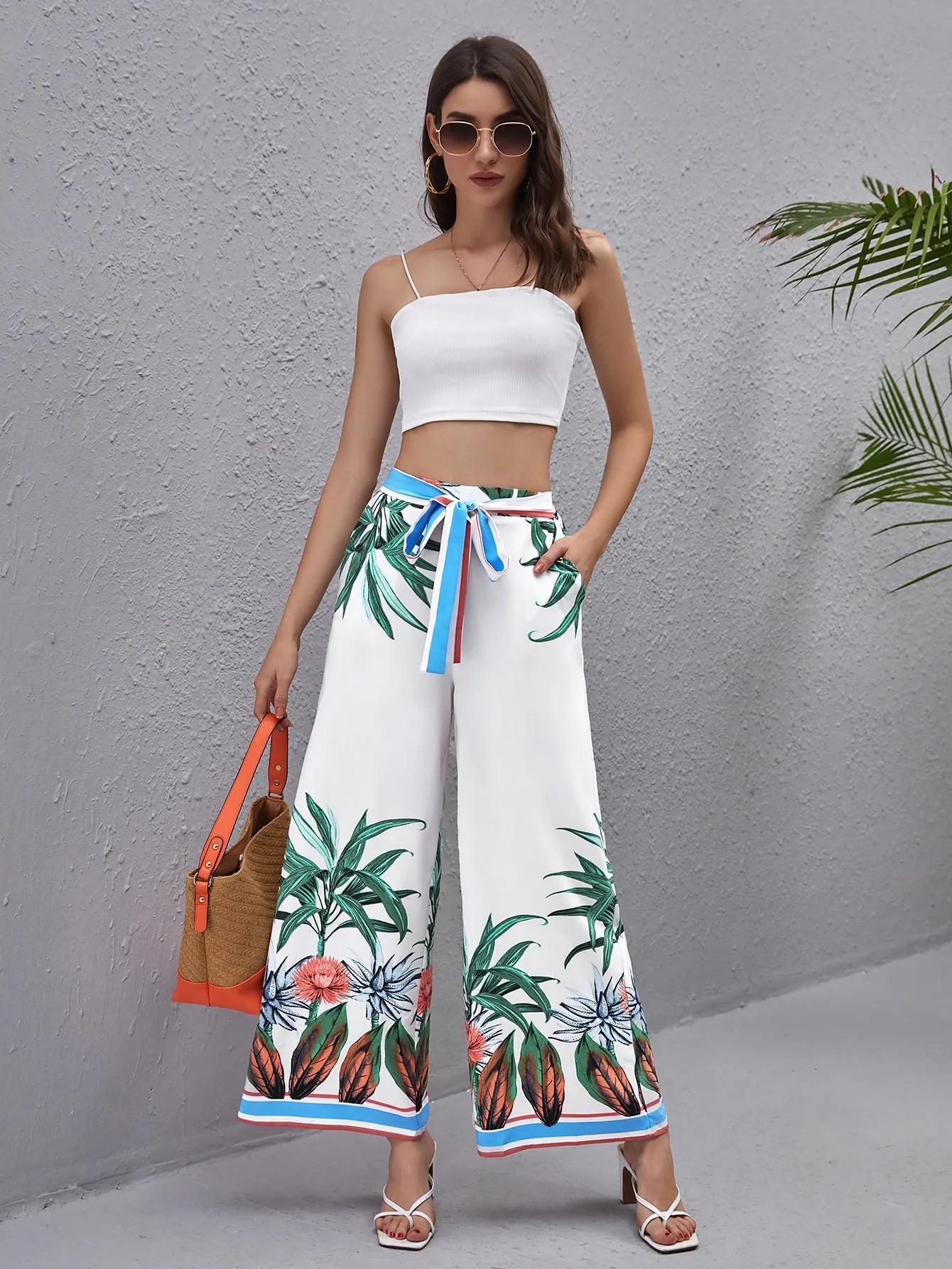 Boho Plants Pocket High Waist Long Women Pants