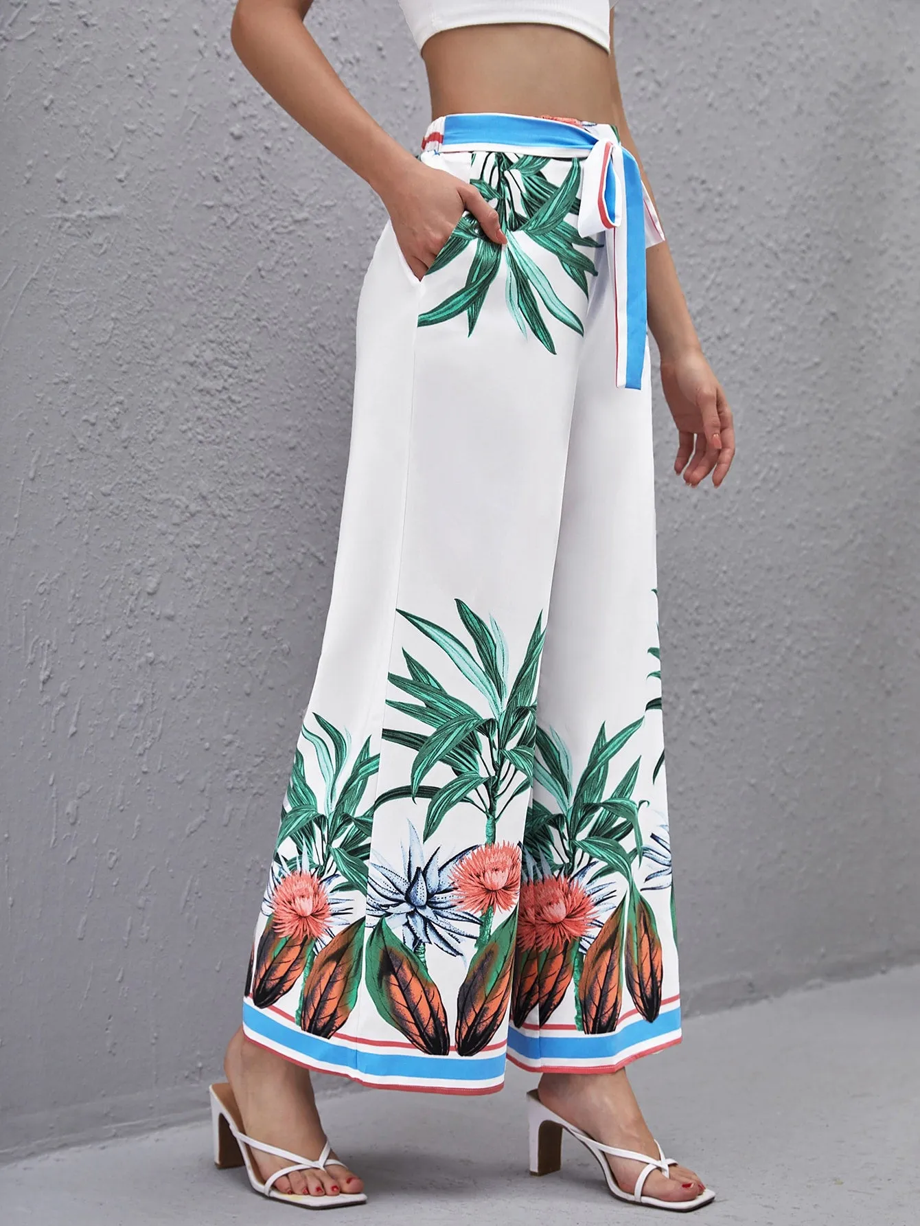 Boho Plants Pocket High Waist Long Women Pants