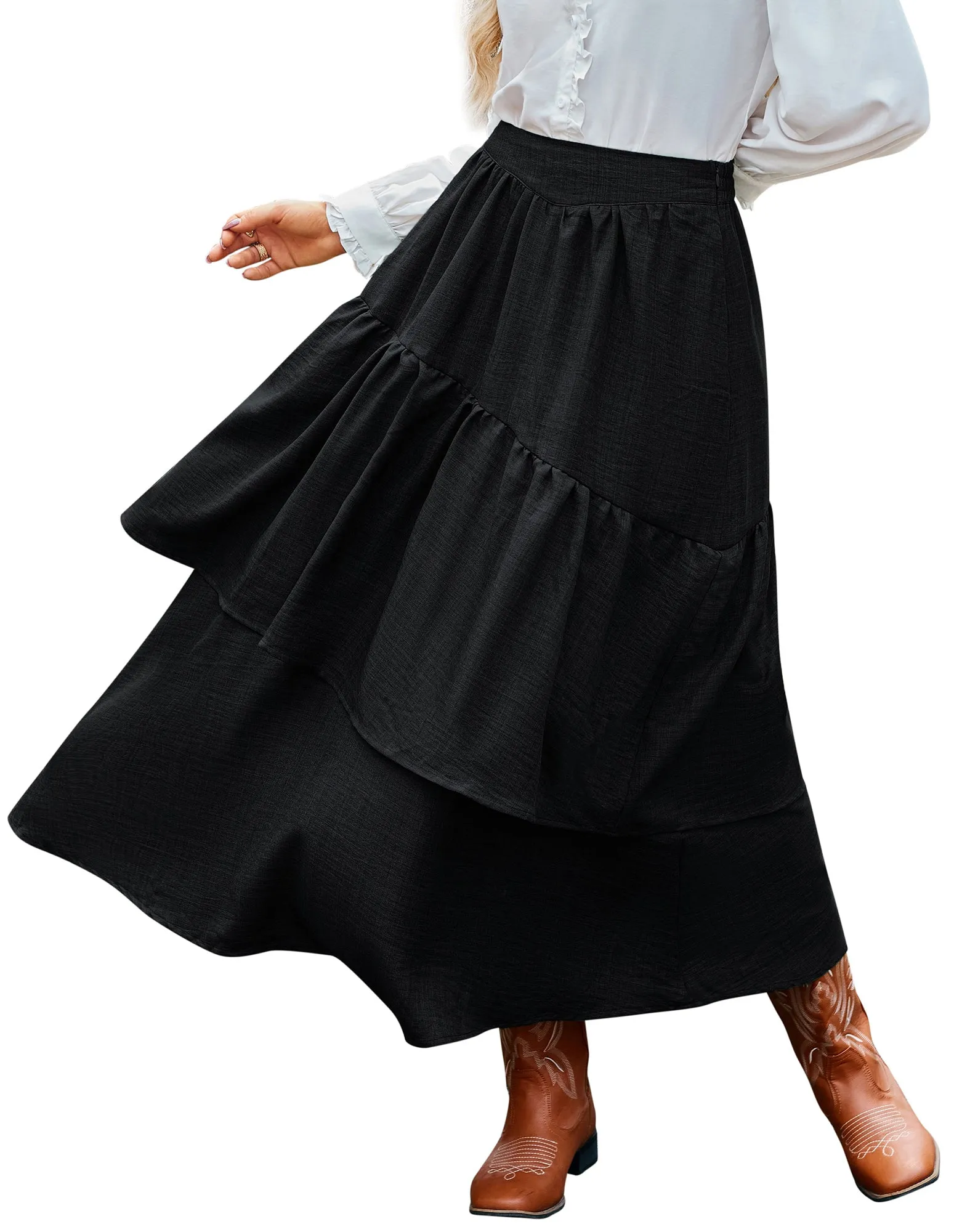 BP Women Vintage 2-Layer Swing Skirt Elastic High Waist Maxi Skirt