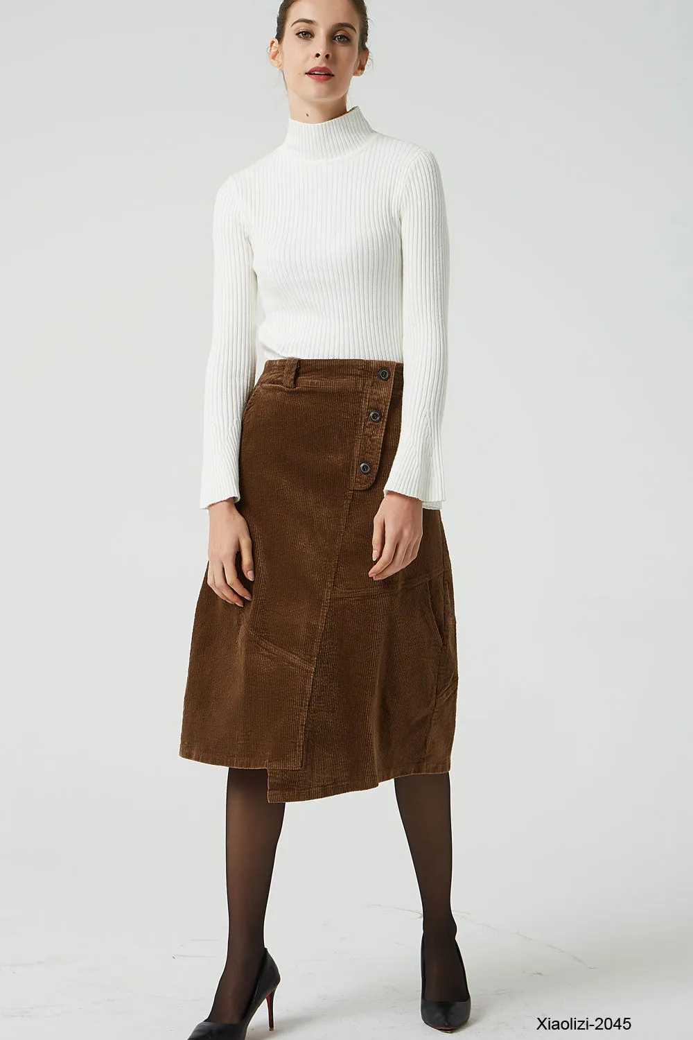 brown corduroy skirt with elastic waist band 2045