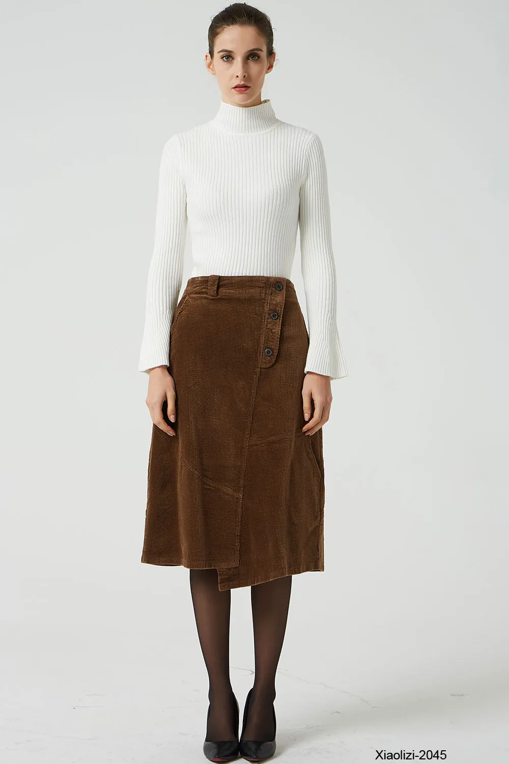 brown corduroy skirt with elastic waist band 2045