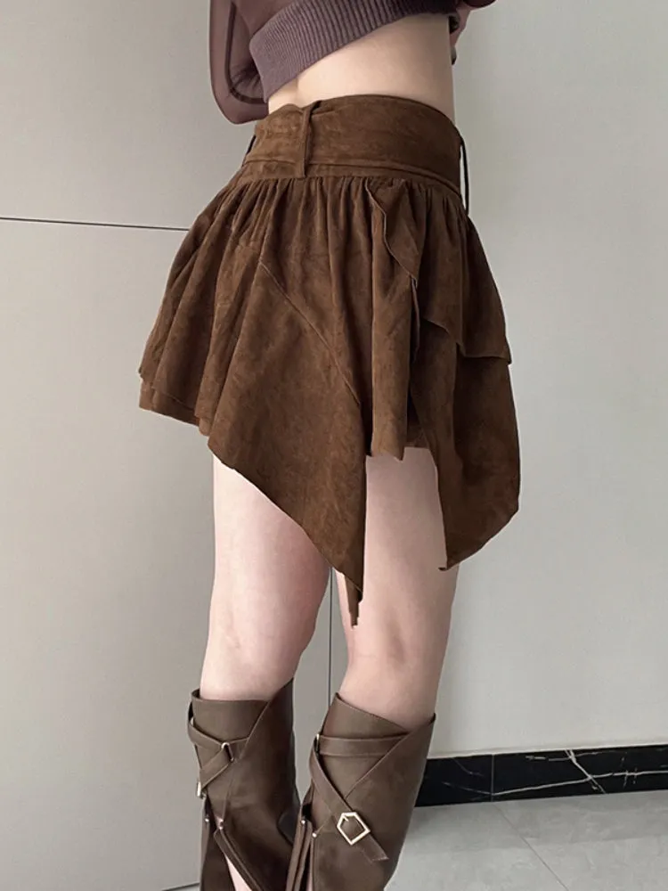 Brown Folds Low Waist Short Skirt