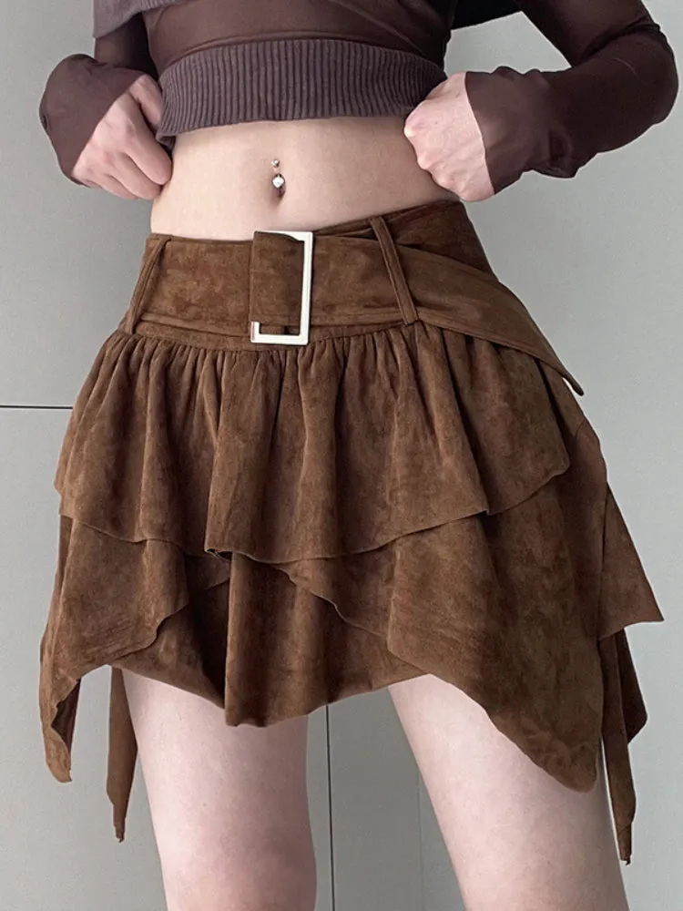 Brown Folds Low Waist Short Skirt