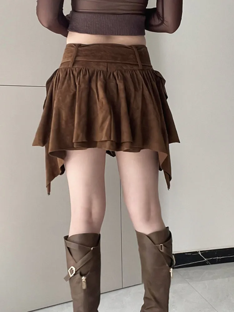 Brown Folds Low Waist Short Skirt