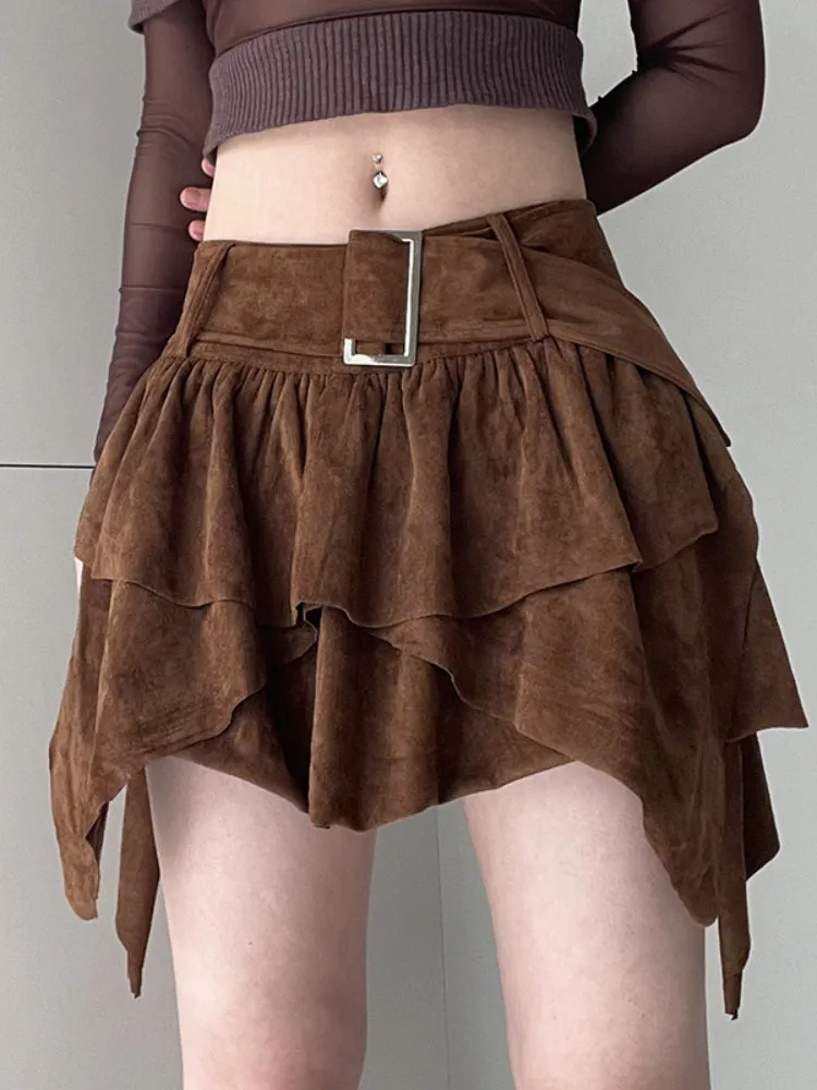 Brown Folds Low Waist Short Skirt