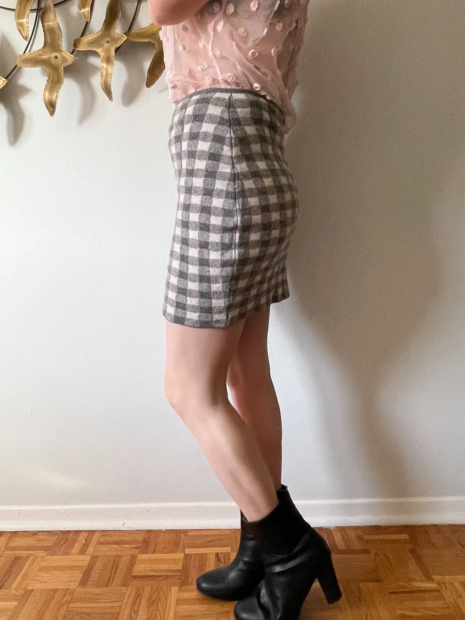 Ca Va De Soi Grey Gingham Checker Superfine Wool Knit Skirt - Small