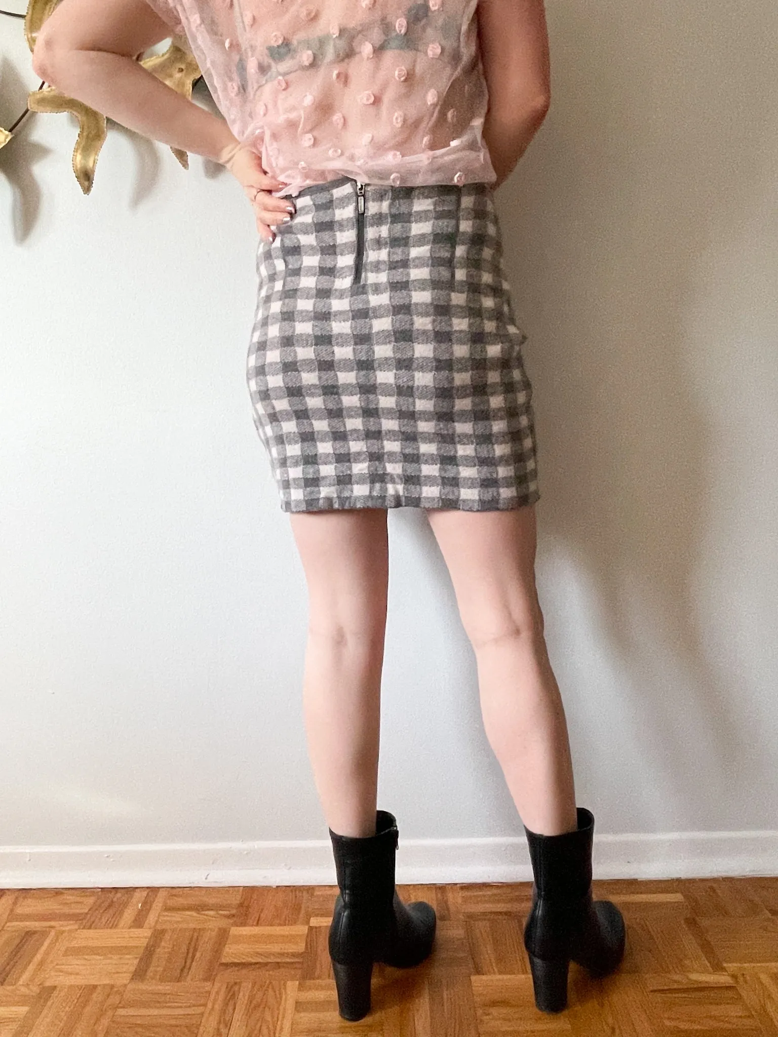 Ca Va De Soi Grey Gingham Checker Superfine Wool Knit Skirt - Small